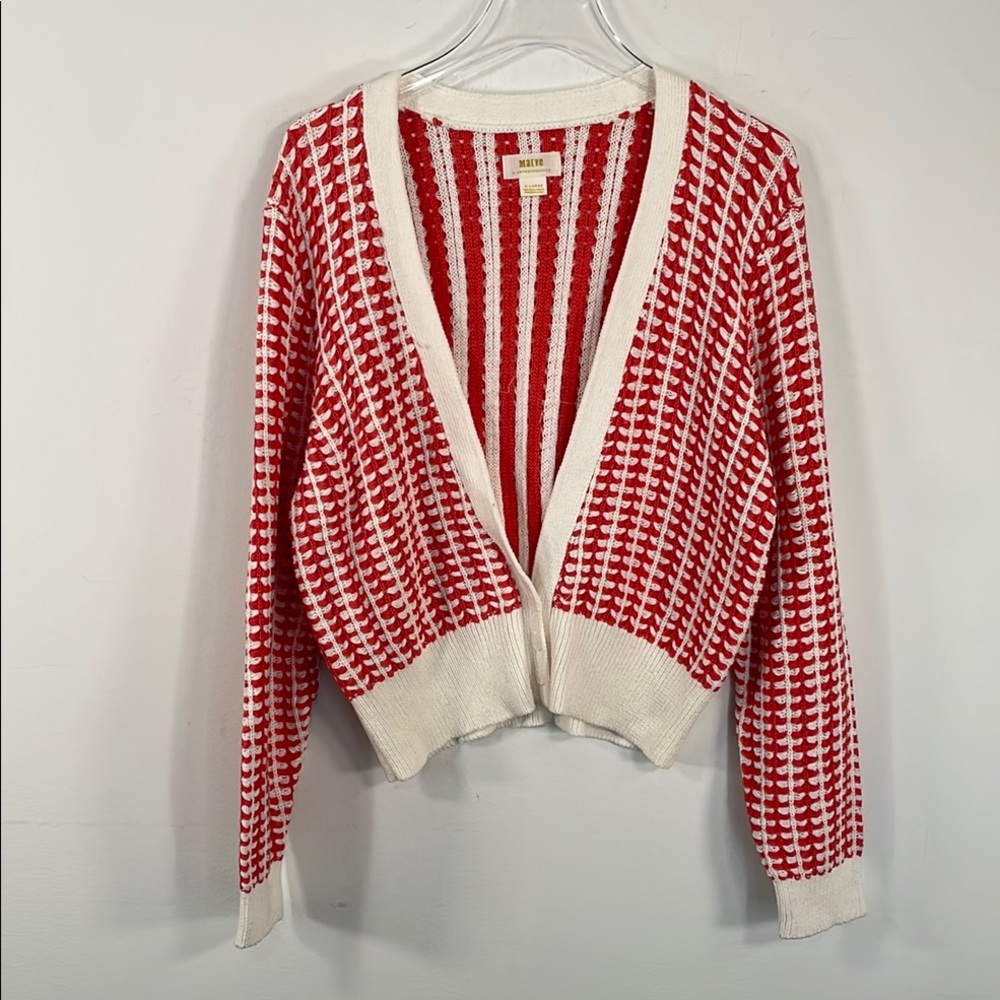 Maeve Anthropologie Red White Textured Knit Cropped Cardigan‎ Sweater XL - Picture 2 of 10